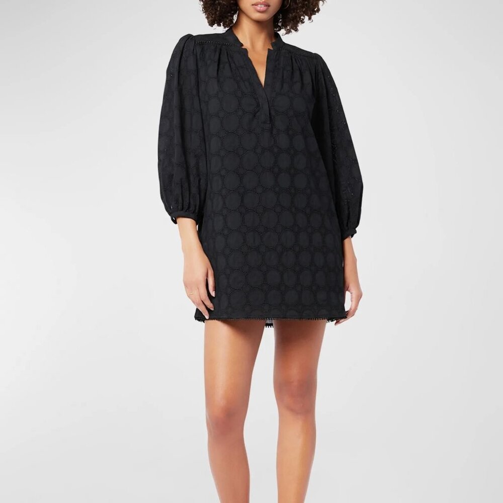 Joie Women's Olive 100% Cotton‎ Puff Sleeve Eyelet Mini Dress, Size Small, Black